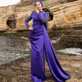 xijun фиолетовый арабский мусульманский русалка вечерние платья с длинными рукавами с высоким воротником с пайетками из бисера скромное выпускное платье вечерние платья
