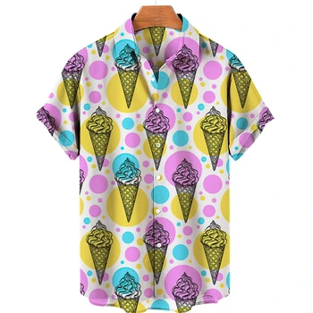 Летняя мужская рубашка Мороженое Принт С короткими рукавами Симпатичный узор Рубашка Лацкан Пуговицы Рубашка Для Мужчин Свободная Повседневная Одежда Гавайская