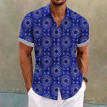 Винтажная рубашка для мужчин Летняя футболка с этническим принтом с коротким рукавом Пляжный лацкан на пуговицах Одежда Новая повседневная гавайская мужская рубашка