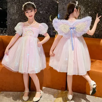 Детская одежда для девочек Летняя принцесса Радужное платье Пышный рукав Крыло бабочки Красочные тюлевые платья для детей