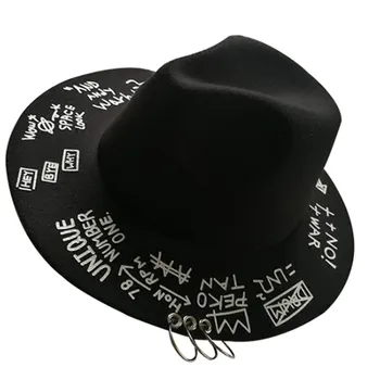 Fedora шляпа пирсинг граффити буквы шерстяная шляпа корейский стиль прилив мужчины и женщины широкие поля цилиндр британский джаз шляпа хип-хоп винте